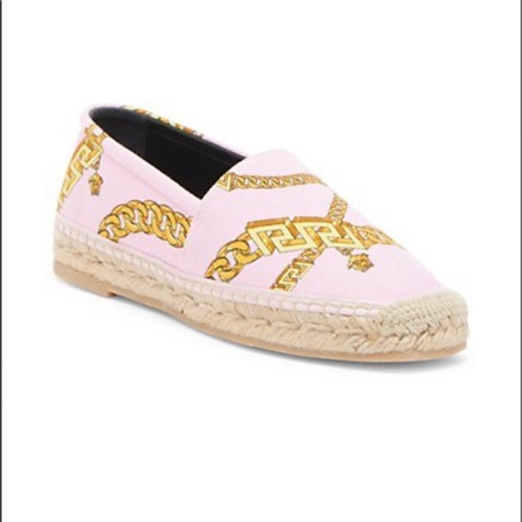 VERSACE Chain-Print Cotton Espadrille Loafers Flats Candy Pink Gold - Picture 1 of 14